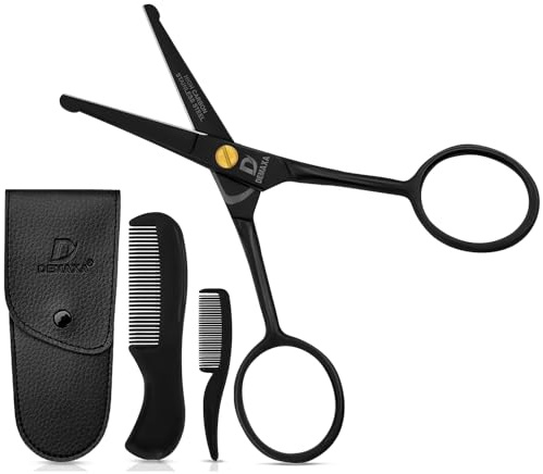 DEMAXA 4.5 Round Tip Safety Mustache Scissors Beard Scissors with 1 Mustache Comb, 1 Beard Comb & Soft Pouch β Best Facial Hair Shears for Beard Mustache Trimming Nose & Ear Hair