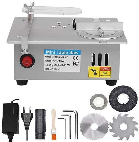 SanBouSi Mini sierra circular de mesa multifunción de precisión, 7 velocidades, fuente de alimentación ajustable con 4 cuchillas de 0,1 a 15 mm, altura ajustable para manualidades, bricolaje, madera