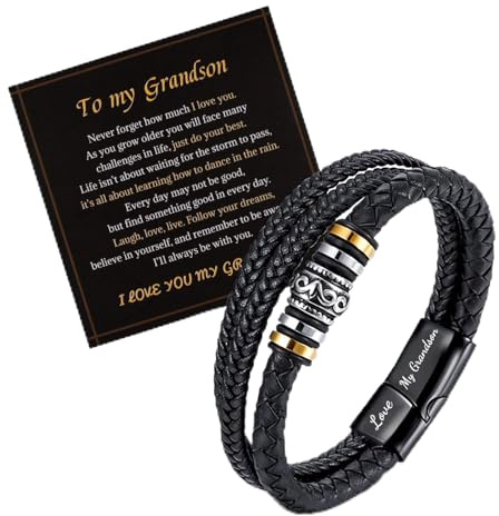 LAXPICOL Gift To My Grandson Bracelet, Men's Bracelets Boys Bracelet, Braided Leather Bracelet Birthday Easter Graduation Gifts For Teen Boys-To My Grandson