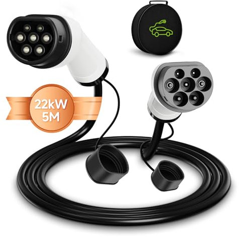 AFYEEV Cavo Ricarica Auto Elettrica Tipo 2, 5M 32A 22kW, Cavo Ricarica Auto Elettrica Tipo 2 Trifase, Cavo di Ricarica EV, con Borsa per Trasporto