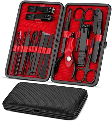 Maniküre Set, 18-teiliges Pediküre Nagelknipser Set, Nagelknipser Werkzeug, Tragbares Reiseset, Professionelle Reise Beauty Nagelpflege Kit für Zuhause, Reisen (Schwarz - innen rot)