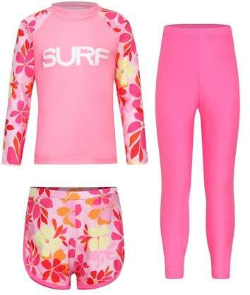 Yruioon Traje de baño para niños y niñas, protección UV, manga larga, rashguard + pantalones cortos + pantalones, Color: rosa., 134-140