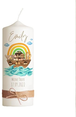 Taufkerze | Arche Noah Regenbogen | 15-30 cm Höhe | Personalisierte Kerze | Regenbogen | Evangelisch | Katholisch