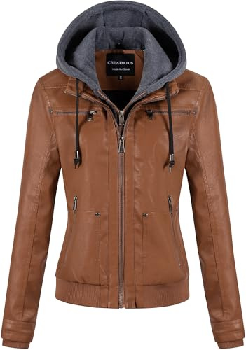 CREATMO US Faux Leather Jacket Women Womens Bomber Jackets Fashion Zip Up Lightweight Moto Biker Coat With Hood Brown 4XL