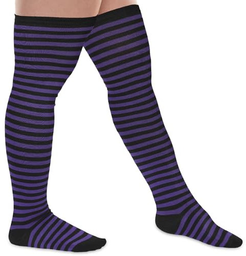 BBTO Lange Gestreifte Strümpfe Oberschenkelhohe Socken für Karneval Weihnachten(Lila Schwarz,L Größe)