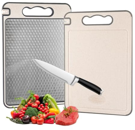 Doppelseitiges Schneidebrett, lebensmittelechter 304-Edelstahl und Weizenstroh,cuttingboard geeignet für Fleisch und Gemüse, robust und langlebig, kratzfestes Netzdesign,