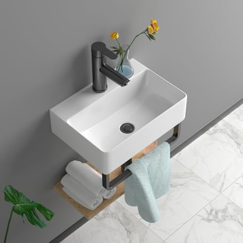 Lofeyo Floating Bathroom Sink Wall Mounted - 14x10 Rectangular Vessel Sink with Black Faucet & Drain Combo Small Modern White Ceramic Porcelain Vessel Vanity Sinks