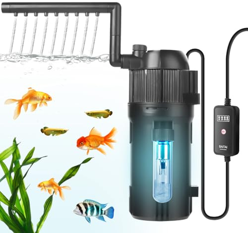 BAITAI Internal UV Fish Tank Filter with Timer, 5-in-1 Aquarium Filter Pump, Turns Green Water to Clear, Multi-Mode Filtration System for 15-80L Aquariums, Adjustable Flow Rate & Direction