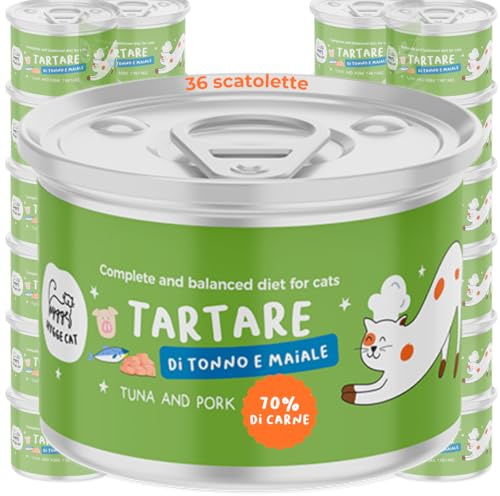 Tartare di Tonno e Maiale | Cibo Umido per Gatti Completo | Ricetta Naturale e Grain Free in Morbida Consistenza | Con Olio di Salmone Ricco di Omega 3 e 6 | 36x85g Made in Italy | Hygge Cat