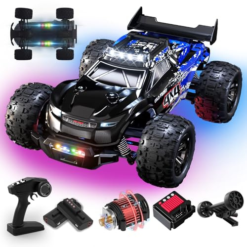 RC Bil Brushless 60 km/h, 1:14 Monster Truck med 7 färglampor | Uppgraderbar till 3S 75KM/H, monstertruck fjärrstyrd med 2 x 2 000 mAh batteri, fjärrstyrd bil från 8 9 10 11 12 13 14 år