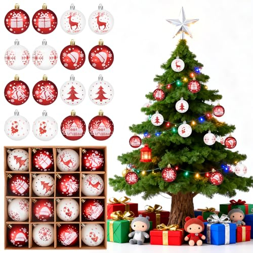 Weihnachtskugeln Kunststoff Christbaumschmuck, 16 Stück Rot Weiß Christbaumkugeln Weihnachtsbaumschmuck Deko Weihnachten für Weihnachtsbaum deko Party, Haus Dekoration