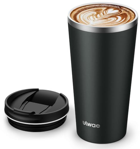 ulwae Insulated Coffee Mug with Ceramic Coating, 18oz Travel Mug with Leak-proof Lid, Vacuum Double-wall Tumbler, Stainless Steel Thermal Cup for Tea, Hot Cocoa, Cold Beverage, Ice Drinks