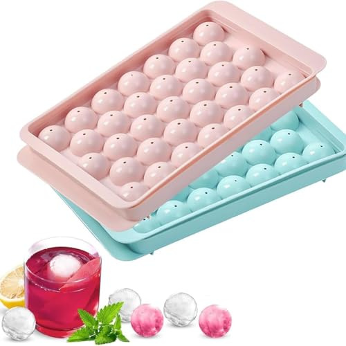 2 Pack Round Ice Cube Tray Moulds,Mini Ice Cube Tray Balls,Reusable Mini Sphere Silicone ice Cubes Trays,33-Cell Ball Ice Cube Moulds,for Water,Whiskey,Cocktails,Beverages,Tea,Coffee(Blue+Pink)