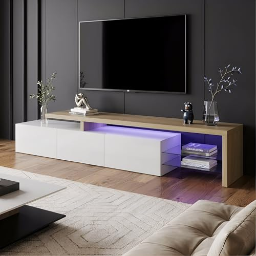 ZSSWSS Mobiletto TV LED 200 cm, Mobili TV con Ripiano in Vetro, Mobile TV da Soggiorno, Panca TV Moderna in Legno con 3 Armadietti, Armadio Basso Soggiorno per Interni, Bianco
