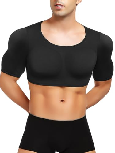 Bslingerie Men's Padded Compression Muscle Shirt with Fake Chest and Shoulder Enhancer, Winter Long Sleeve Shapewear Undershirt, Black, Sizes S-XXL