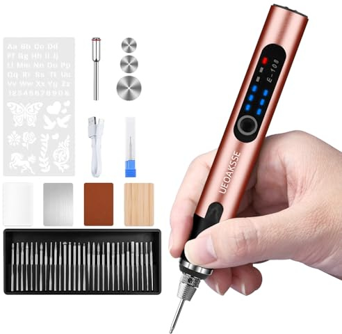 UEOAKSSE – Machine de gravure électrique et stylo à gravure sans fil, 3 vitesses, batterie longue durée à charge rapide, 60+ accessoires, coffret cadeau – pour bijoux, bois et bricolage – rose