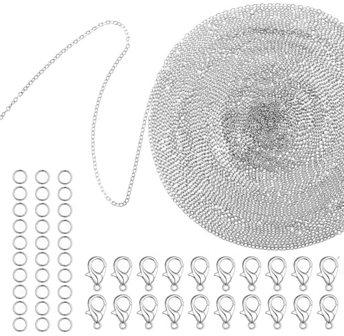 JJUNW 10m kedjor gör-det-själv, silver rostfritt stål länkkedja med 20 karbiner och 30 böjda ringar, smyckekedjor gör-det-själv-set för hängsmycken, armband, smyckestillverkning, DIY-hantverk
