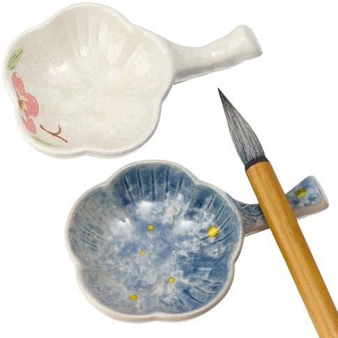 GORGECRAFT 2 estilo de Placa de Tinta de Cerámica de Porcelana Blanca Y Azul con Peonía Multifuncional Flor de Ciruelo Caligrafía China Tintero Cuenco con Soporte Pinceles Mango Escribir Pintar Y Prac