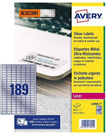 Avery L6008-5 Etiketten, A4, 25 x 10 mm, 945 Etiketten, silberfarben
