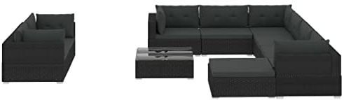 10-delige Loungeset met kussens poly rattan zwart