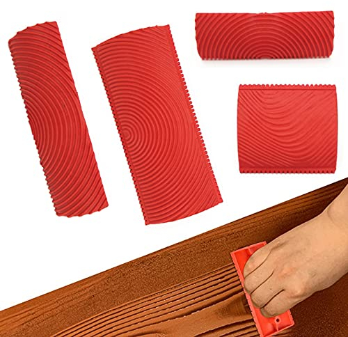 4 Stücke Holzmaserung Werkzeug, Wood Grain Design Decorating Tool, Gummi Malwerkzeug Holzmaserung, Wood Graining Rubber Painting, für DIY Maserung Malerei Wanddekoration (Rot)