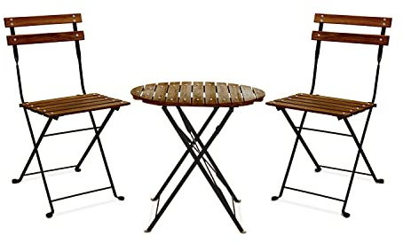 FRANKYSTAR Avolio Bistrò - Set da giardino con tavolino e 2 sedie pieghevoli in acciaio e legno con finitura effetto teak. Bistrot set da esterno in stile retrò