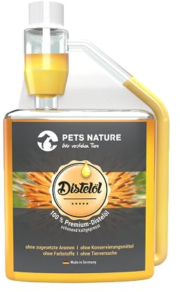 Pets Nature Huile de carthame pour Chien et Chat - Huile de carthame Pure de qualité supérieure Riche en acides Gras oméga-6 - Acide linoléique - 100% Naturelle, délicatement pressée à Froid