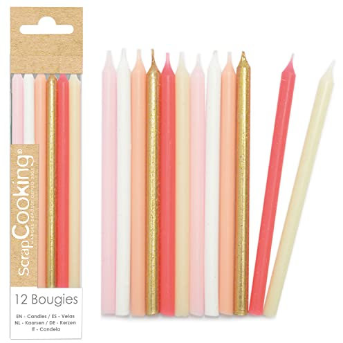 ScrapCooking 0359 - Candele lunghe rosa e oro, 12 candele dorate, rosa pastello, corallo e bianco per torta di compleanno, decorazione per bambini adulti, in paraffina con picchi