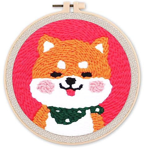 Figured'Art Punch Needle Kit Complet pour Adultes et Enfants - Chien Shiba Inu - Parfait pour Débutant. Set prêt à broder taille 20x20cm avec cadre circulaire