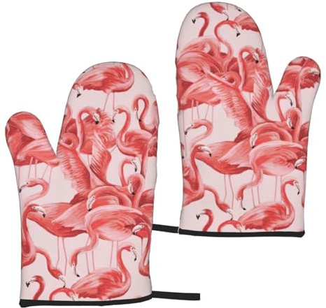 Wurton Guanti da microonde resistenti al calore con stampa fenicottero per cucina, cottura al forno, grigliate, barbecue, 15,9 x 27,9 cm