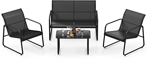 COSTWAY Salon de Jardin 4 Pièces avec Table en Verre Trempé (Noir) | Ensemble de Meuble Extérieur avec 2 Chaises Causeuse en Tissu Respirant, Cadre Métallique pour Porche Bord de Piscine Balcon