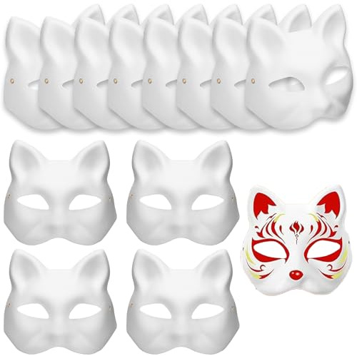 zrfgbxim 12 Pièces Masques de Chat, Masque Chat, Therian Mask Masque Blanc, Masques de Renard Vierges en Papier Blanc Pur pour Mascarade, Carnaval, Cosplay, Halloween