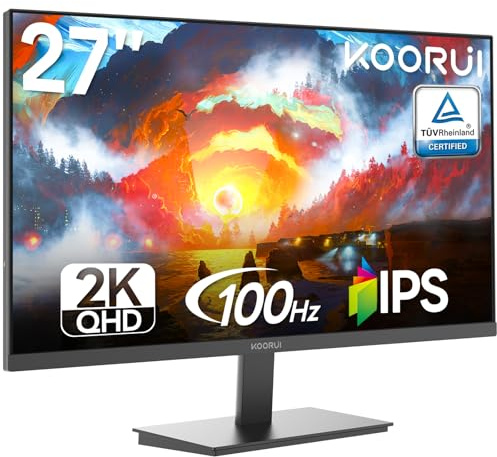KOORUI 27 Zoll QHD Monitor, IPS Panel, 100Hz Bildwiederholfrequenz, 1ms MPRT, 95% DCI-P3, Adaptive-Sync,HDMI 2.0 + DP 1.4, Neigbar, VESA-Kompatibel, Ideal für Gaming & Arbeiten