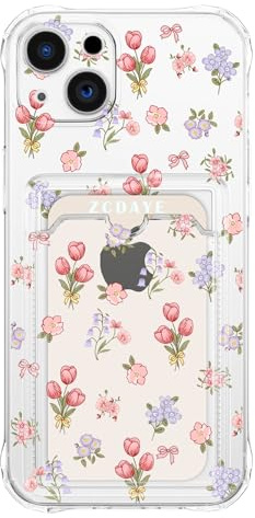 ZCDAYE Blommigt klart fodral för iPhone 13 med korthållare, elegant, söt blomma, kvinna, telefonfodral, mjuk TPU stötsäker, skyddande telefonskydd för iPhone 13 (6,1 tum), tulpaner