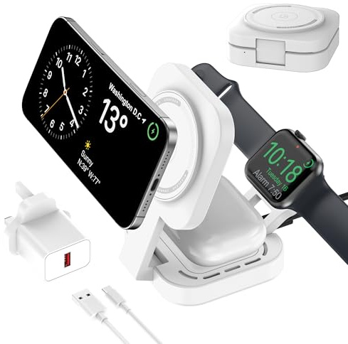 Carga inalámbrica 3 en 1 para Apple Dispositivo, Mini Estación Carga Plegable para Magsafe para iPhone 17/Air/16/15/14/13/12 Serie, Apple Watch Serie y AirPods Pro/2/3/4(Adaptador Incluido) (Blanco)