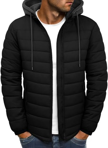 Xnova Giacca Uomo Invernale Autunno Leggero Giubbotto Impermeabile con Cappuccio, Giacca Trapuntata Uomo Softshell Piumino Imbottito Caldo Antivento Felpa Termica con Zip, Nero, XXL