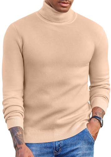 COOFANDY Jersey Hombre Cuello Alto con Forro Polar Suéter de Punto Fino Térmico Cálido Invierno Slim Fit Pullover Manga Larga Sweater Caqui S