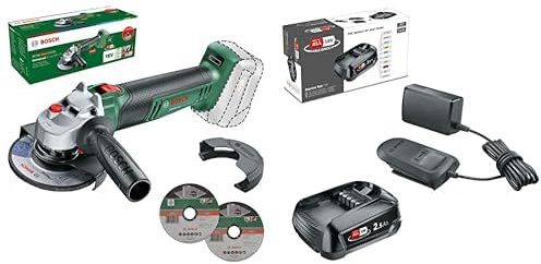 Bosch kompakter Akku-Winkelschleifer UniversalGrind 18V-75 (18 Volt System; 115mm/125mm Schleifscheibendurchmesser; Ohne Akku) – Amazon Edition + Bosch 18V Akku und Ladegerät 2.5Ah (18V Starter Set)
