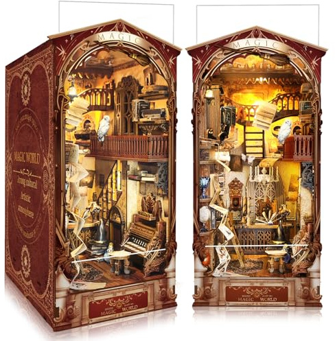 BELEEV Book Nook Kit, DIY Miniature Booknook Kit, 3D Wooden Garden Puzzle for Adult and Teens, Bookshelf Decoration Building Craft with LED Light and Dust Cover, Gifts for Women - Magic World