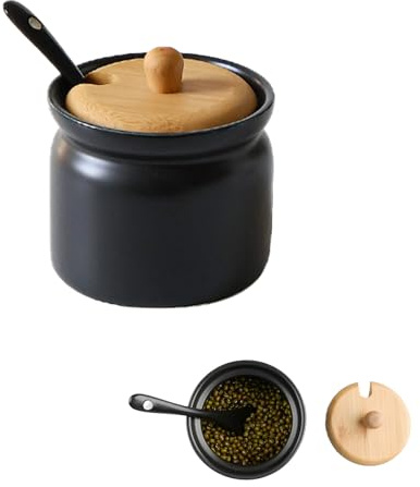 Shuqio Tarros de cerámica para especias con tapa, lata de azúcar negra, lata de café hermética. Con una pequeña cuchara de cerámica para café, azúcar, té, especias, etc. (180 ml, 6,8 x 8 cm)