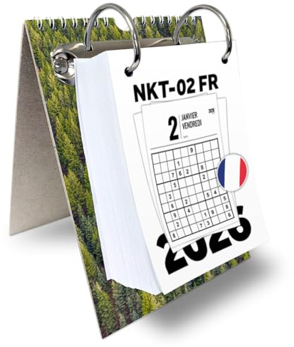 KALVOS Calendrier français 2026 - Calendrier de table - Calendrier mural - 365 jours - Calendrier à détacher - Calendrier quotidien minimaliste avec grands chiffres (fête du nom avec Sudoku)