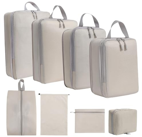 Kompressionspackning kubes ryggsäck 8 delar, resväska arrangör set med skopåse, tvättpåse, digital väska, packkub ryggsäck, arrangör resväska, utrymmesbesparande, reseset, beige