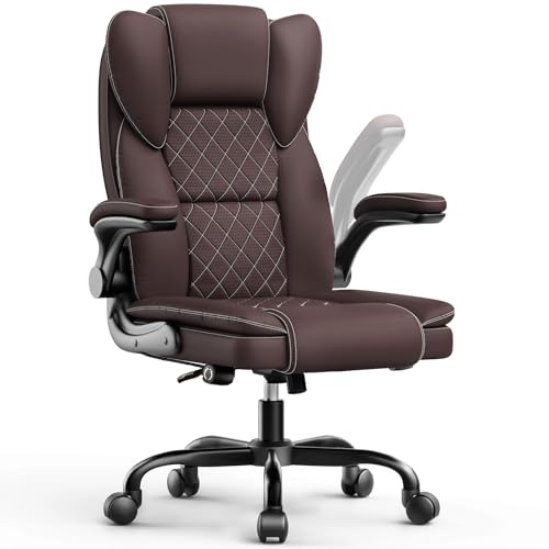naspaluro Executive Ergonomic Office Desk Chair with Flip-up Armrests/Springs, Comfy Big Tall Computer Work Chair, Heavy Duty Cross Legged Study Chairs, High Back Home Office Brown Swivel Chair