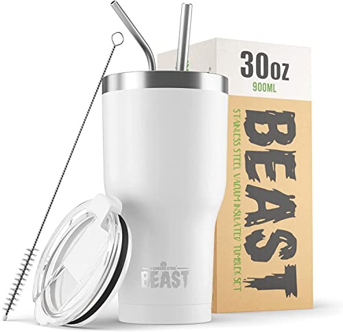 Greens Steel BEAST Termo Café para Llevar - 900ml I Blanco Ártico I Taza Térmica de Acero Inoxidable Reusable I Taza Viajera de Doble Pared al Vacío I 2 Pajitas y Cepillo de Limpieza