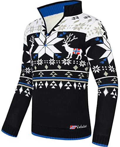 Nebulus Maglione da uomo a maglia intrecciata Fria, caldo pullover con pelliccia sintetica e scollo alto, maglia con cerniera in stile norvegese, nero-bianco, XL