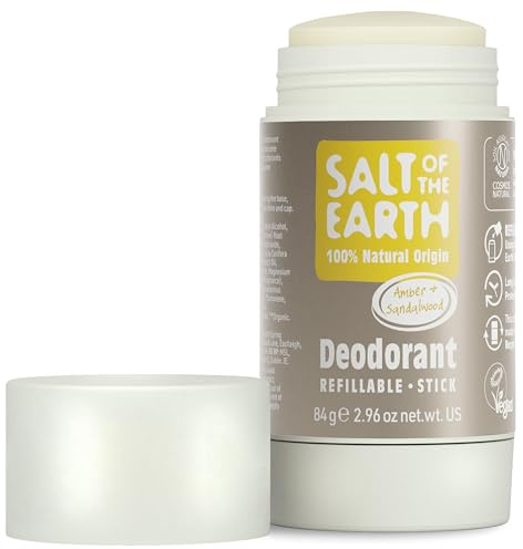 Salt Of the Earth Natural Deodorant Stick, Amber & Sandalwood - Aluminium Free, Vegan, Long Lasting Protection, Refillable, Leaping Bunny Approved, Made in The UK - 84g, 1 Count (Pack of 1)