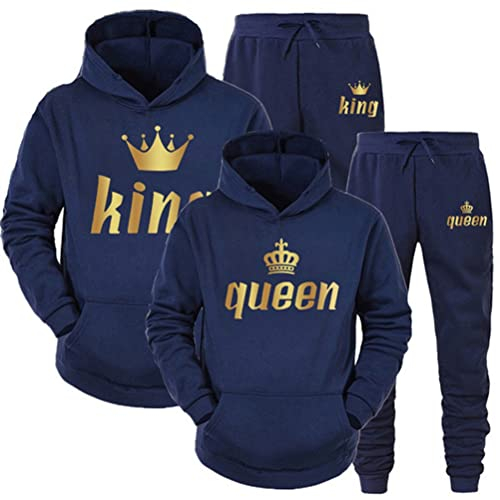 Minetom Pärchen Sportanzug King Queen Pullover Kapuzenpullover Hoodie Valentinstag Liebespaar Couple Jogginganzug Oberteile und Hose Set für Paare Blau King XXL