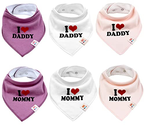 M.M.C. Baby I Love Mommy och Daddy triangeldukar 6 stycken bomullshalsduk dregelhaklapp för småbarn pojkar och flickor, set flickor, En Storlek