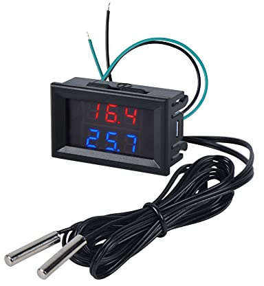 FBBULES LED Digital Termometer med 2 Vattentäta Metallsonder DC 4-28V Dual Display Temperaturmätare -55～+120℃ Mätare Sensor Monitor,Röd&Blå