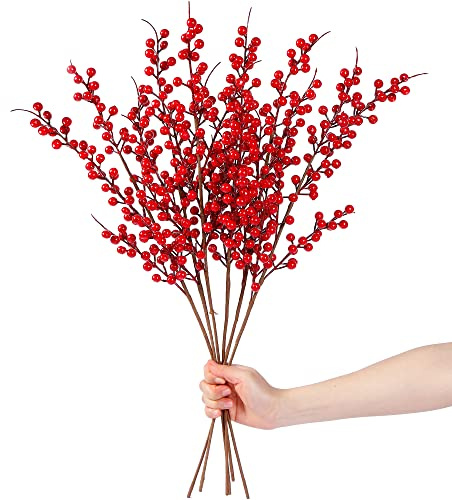 Sggvecsy 6 Pack Artificial Red Berry Stems Christmas Red Berries Holly Berry Branches 25.2 Inches Fake Burgundy Berry Picks for Floral Arrangements Christmas Tree Holiday Home DIY Crafts Decor
